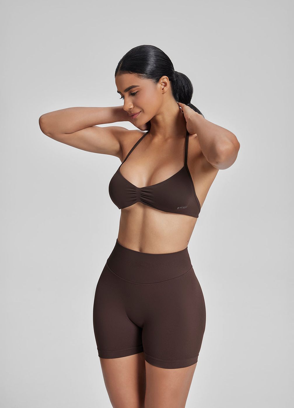 High Waisted Shaping Training Shorts 4.5 in Chocolate, front view