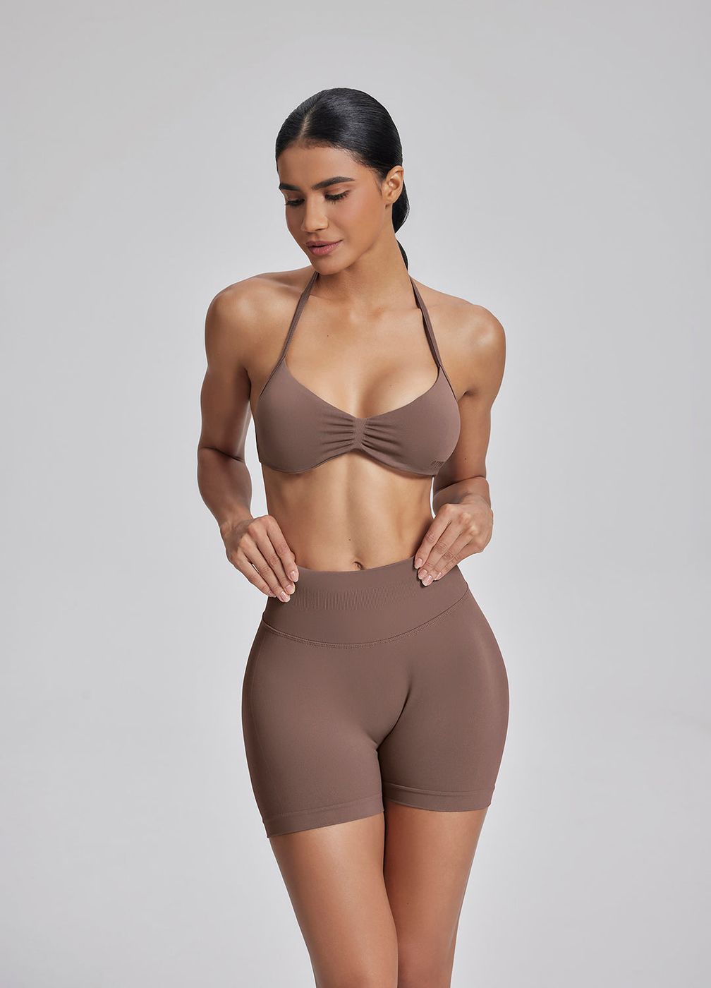 High Waisted Shaping Training Shorts 4.5 in Dusty Taupe, front view