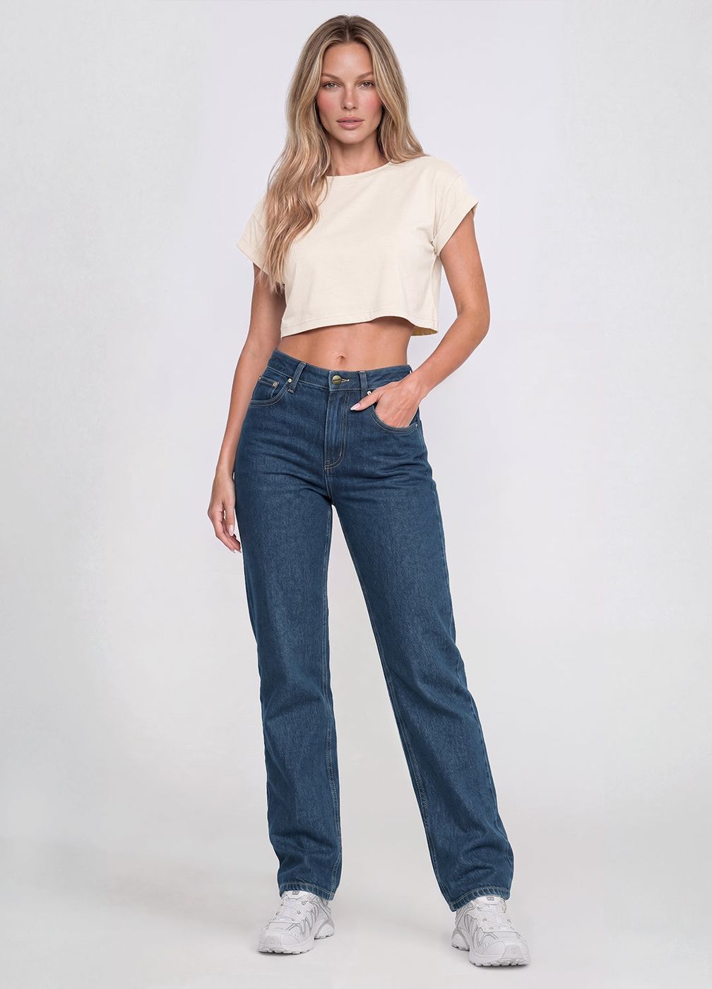 High Waisted Straight Jeans in Deep Blue, front view