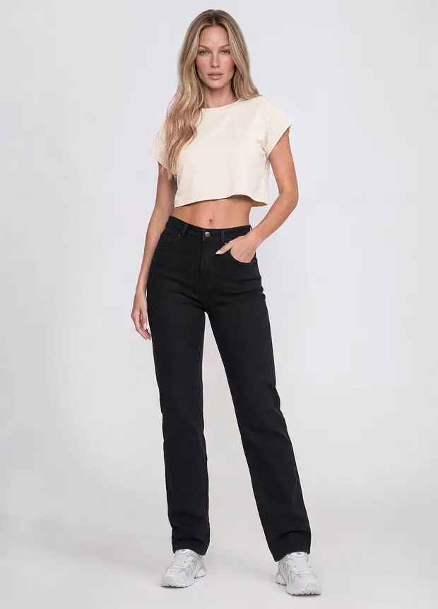 High Waisted Straight Jeans in Black, front view