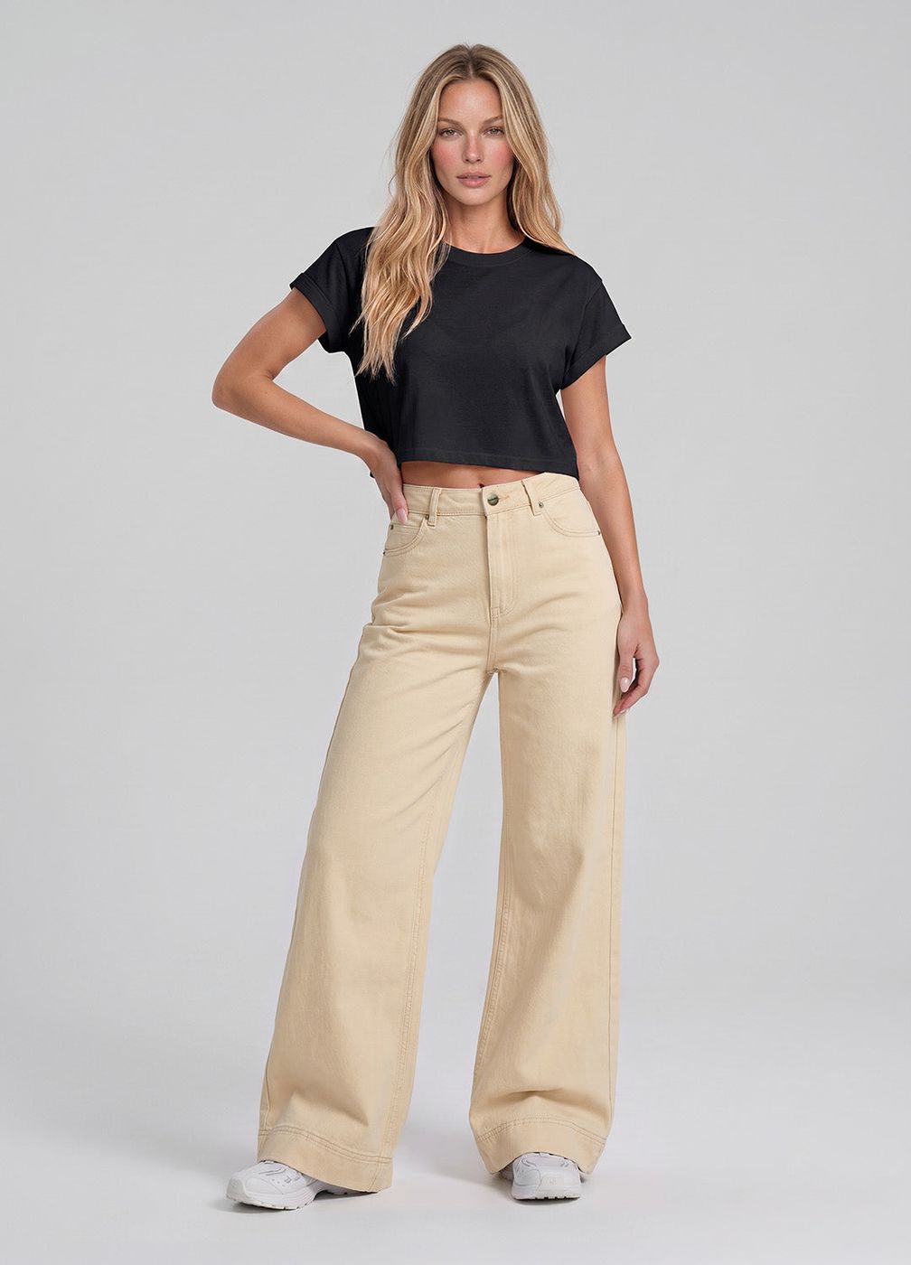 High Waisted Wide Leg Jeans in Ivory, front view