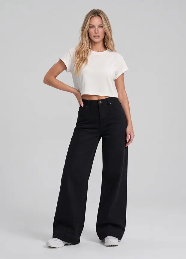 High Waisted Wide Leg Jeans in Black, front view