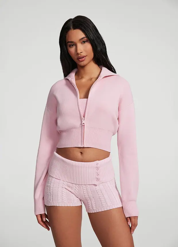 Knit Cropped Zip-up Jacket in Ballet Pink, front view
