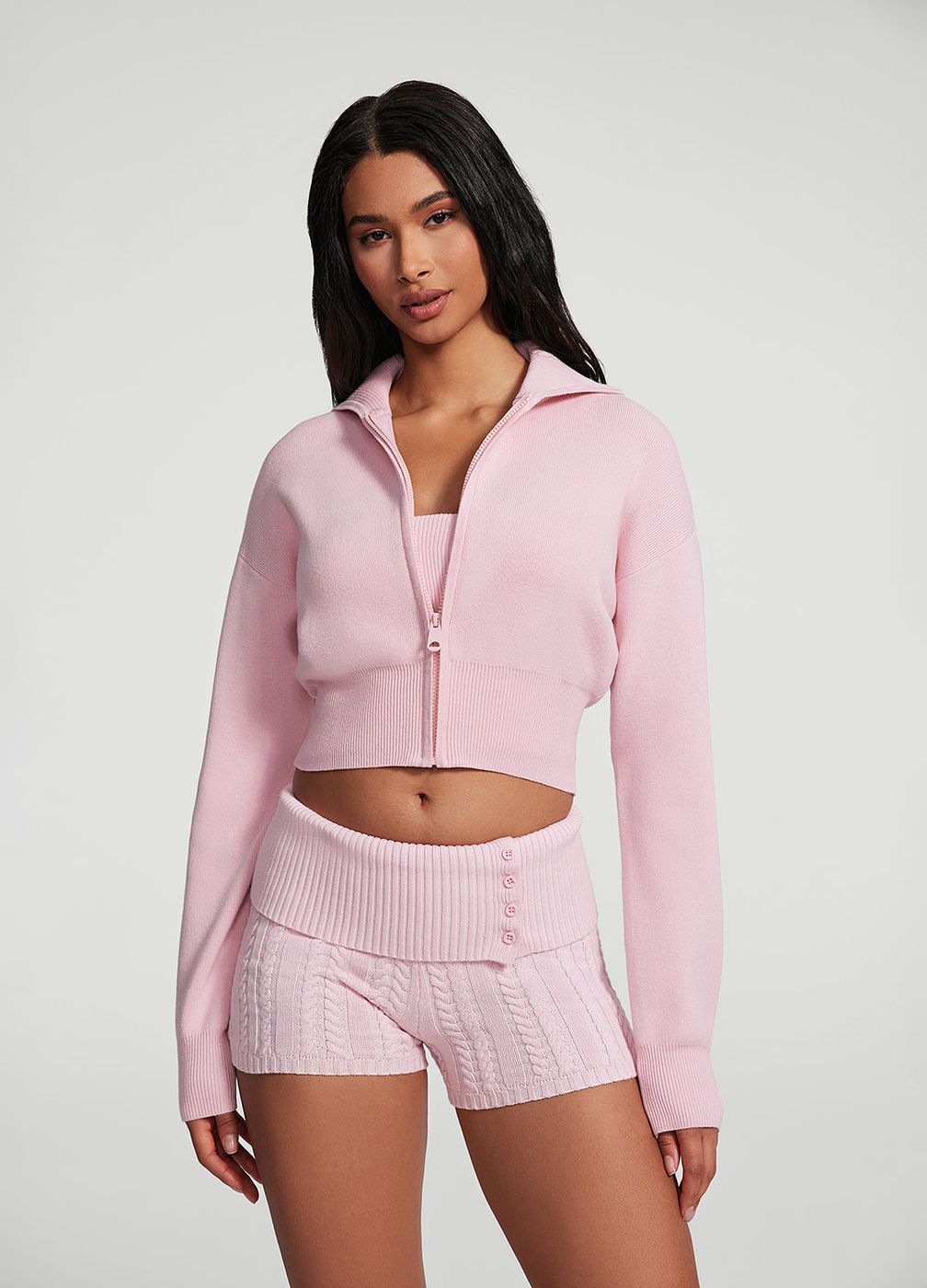 Knit Cropped Zip-up Jacket in Ballet Pink, front view