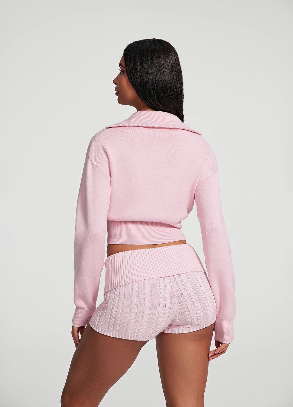 Knit Cropped Zip-up Jacket in Ballet Pink, detail