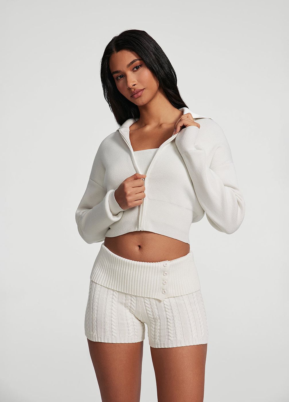 Knit Cropped Zip-up Jacket in White, front view
