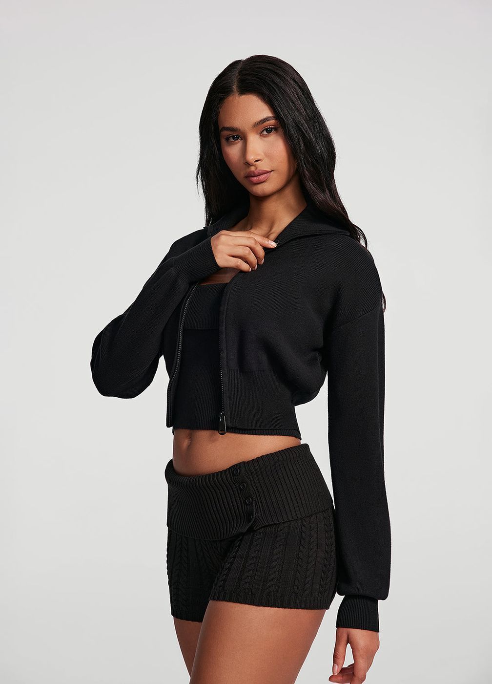 Knit Cropped Zip-up Jacket in Black, front view