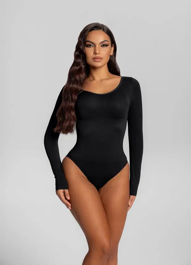 Long Sleeve Full Bodysuit in Noir, front view