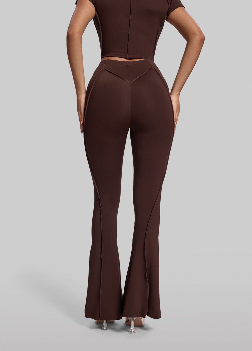 Longline Flare Leggings in Chocolate, detail