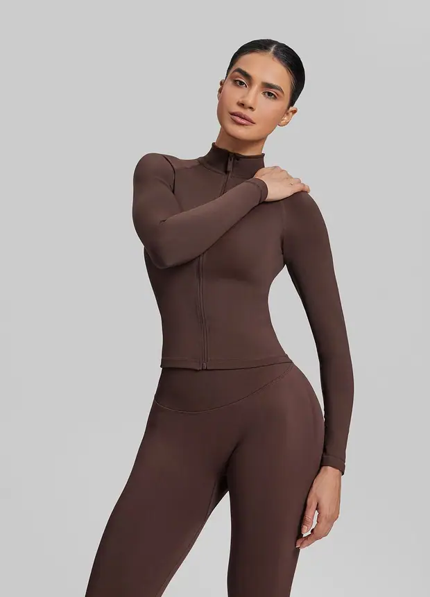 Longline Full Zipper Jacket in Chocolate, front view