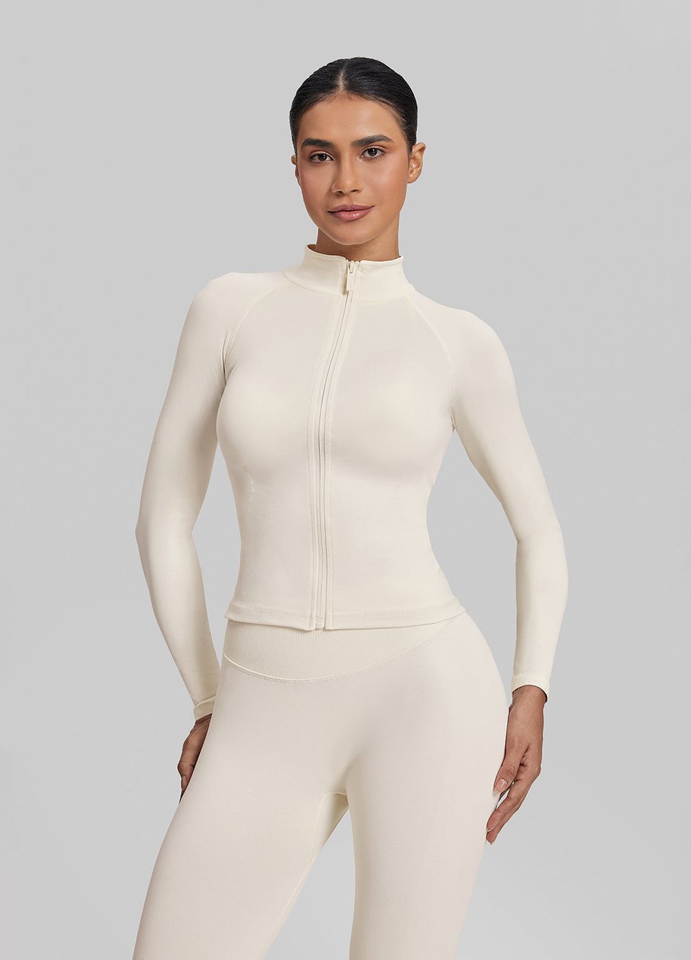 Longline Full Zipper Jacket in Ivory, front view