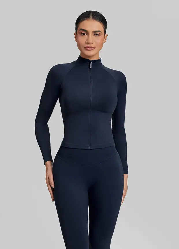 Longline Full Zipper Jacket in Midnight Navy, front view