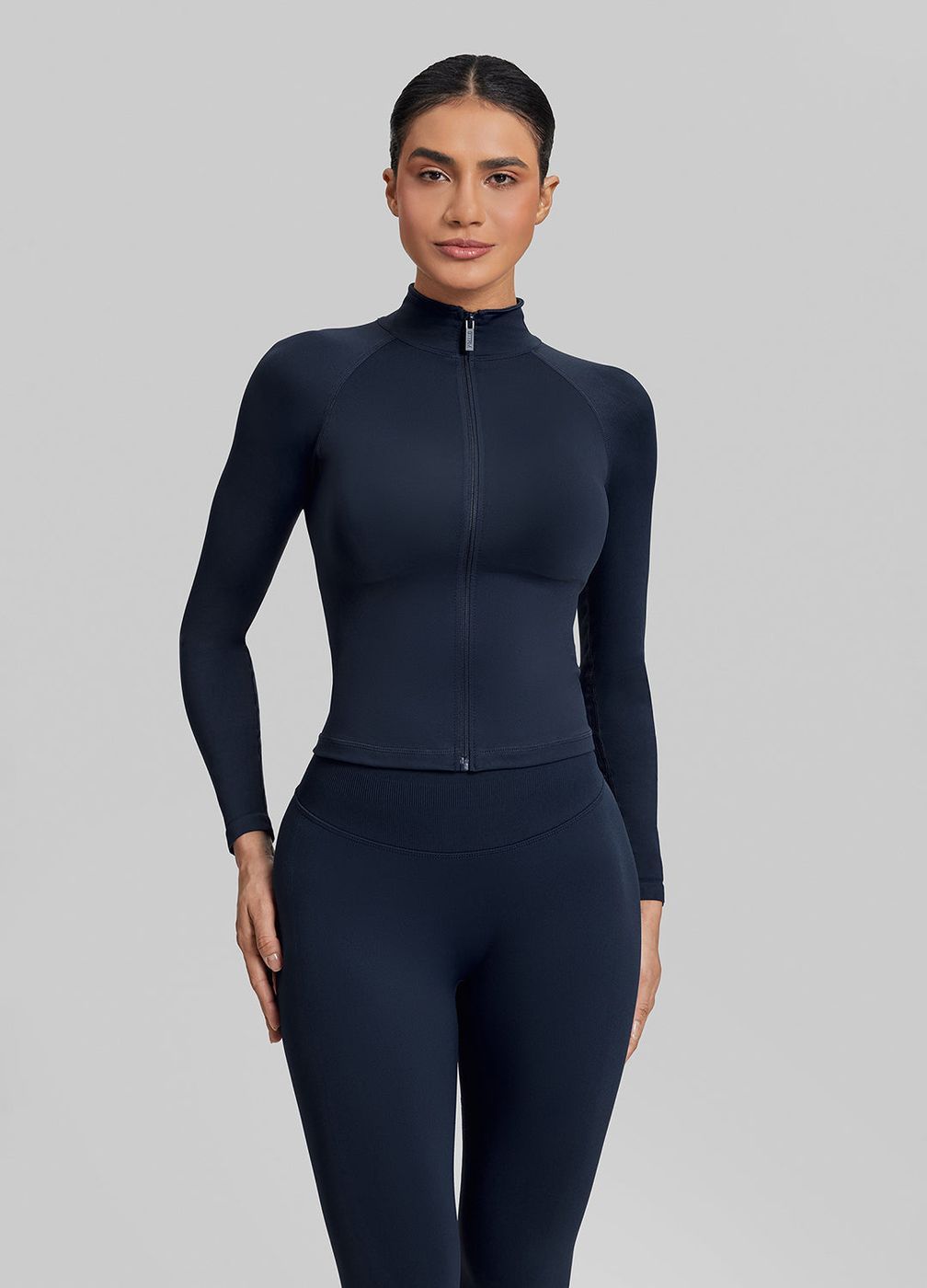 Longline Full Zipper Jacket in Midnight Navy, front view