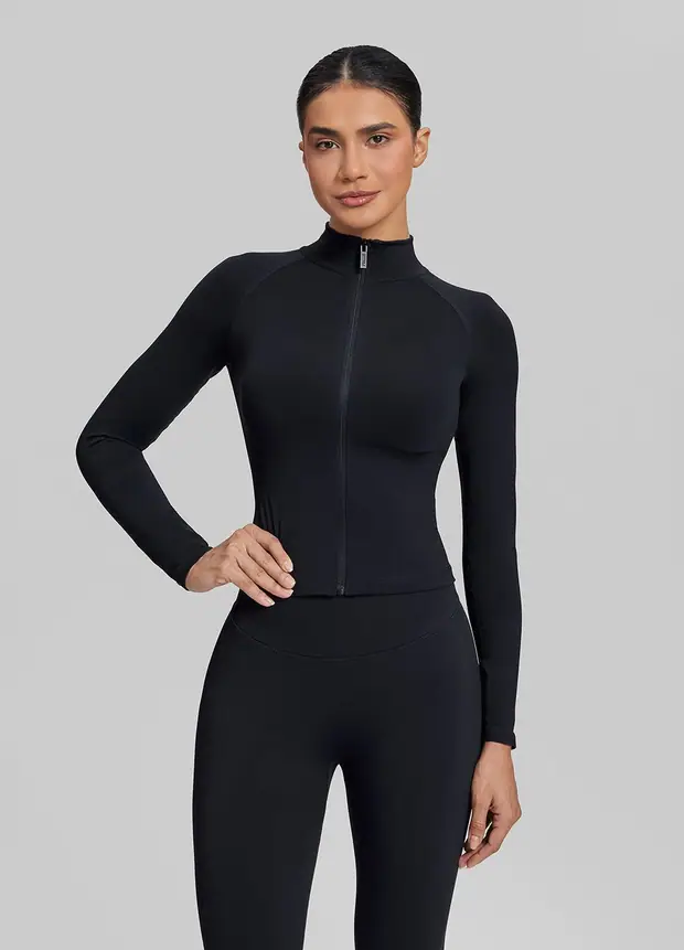 Longline Full Zipper Jacket in Black, front view