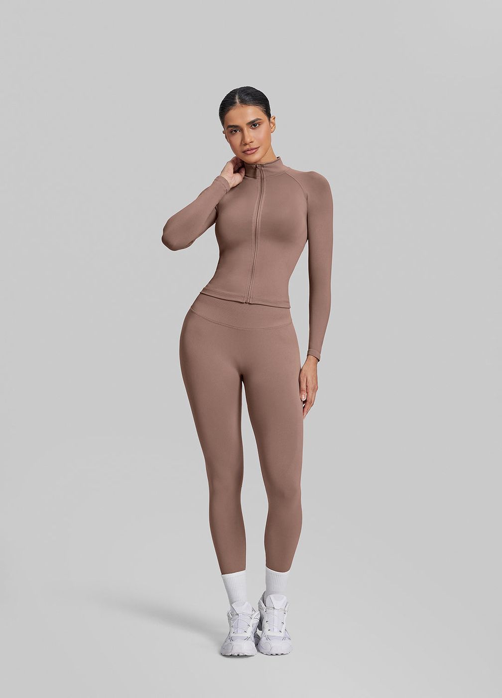 Longline Full Zipper Jacket in Dusty Taupe, front view