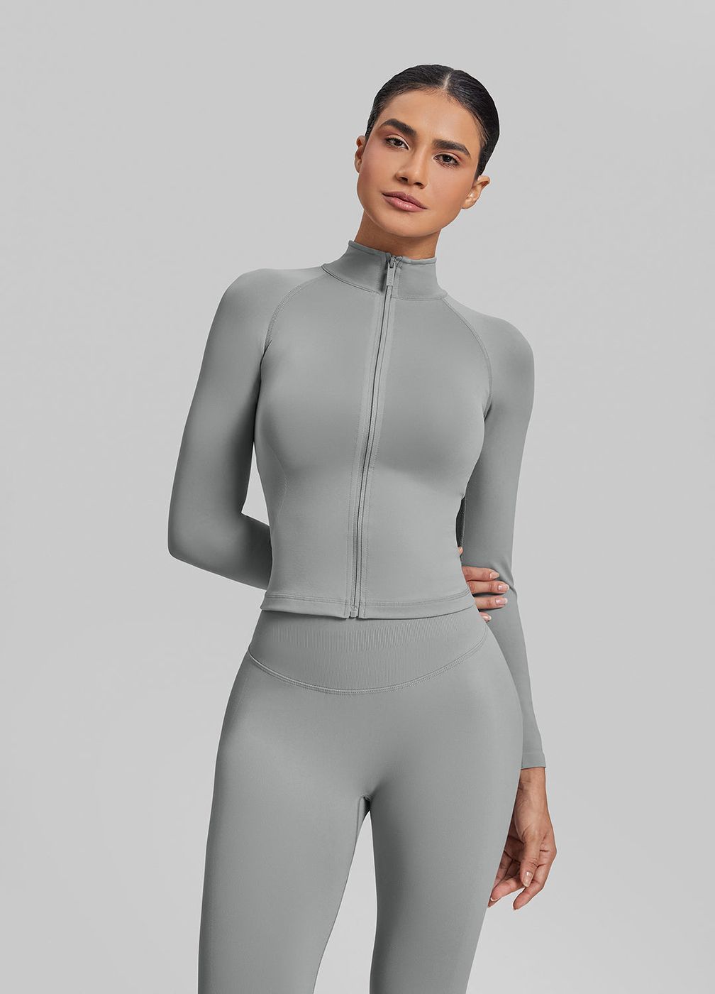 Longline Full Zipper Jacket in Ash Grey, front view