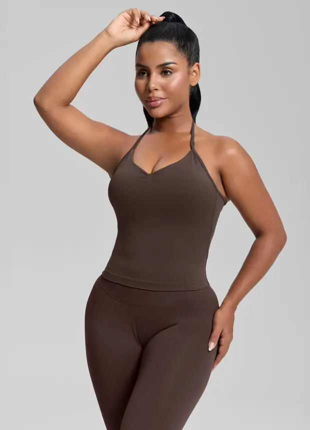 Longline Halterneck Twill Knit Tank Top in Chocolate, front view