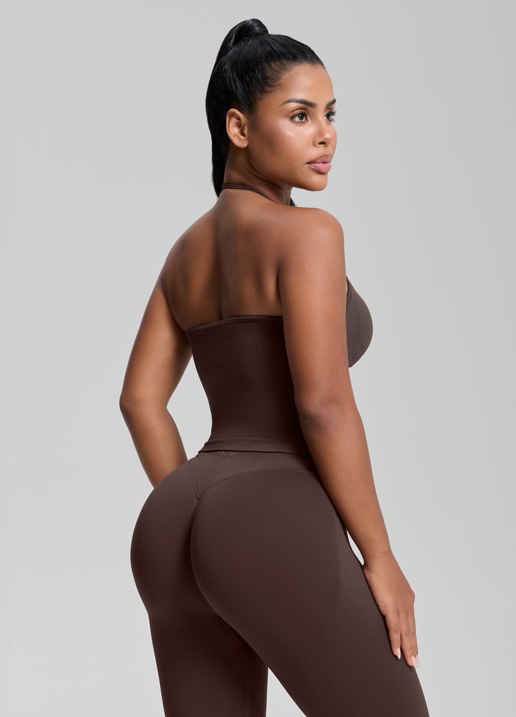 Longline Halterneck Twill Knit Tank Top in Chocolate, second view