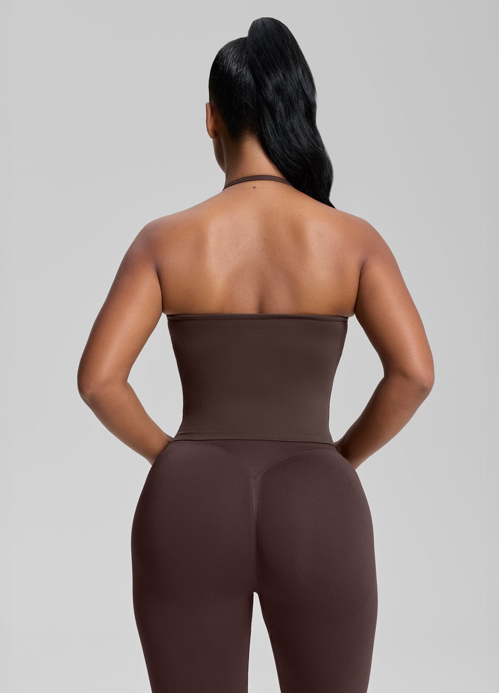 Longline Halterneck Twill Knit Tank Top in Chocolate, detail
