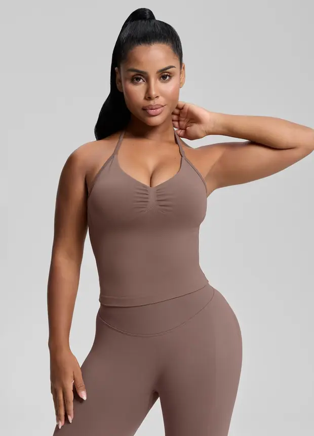 Longline Halterneck Twill Knit Tank Top in Dusty Taupe, front view