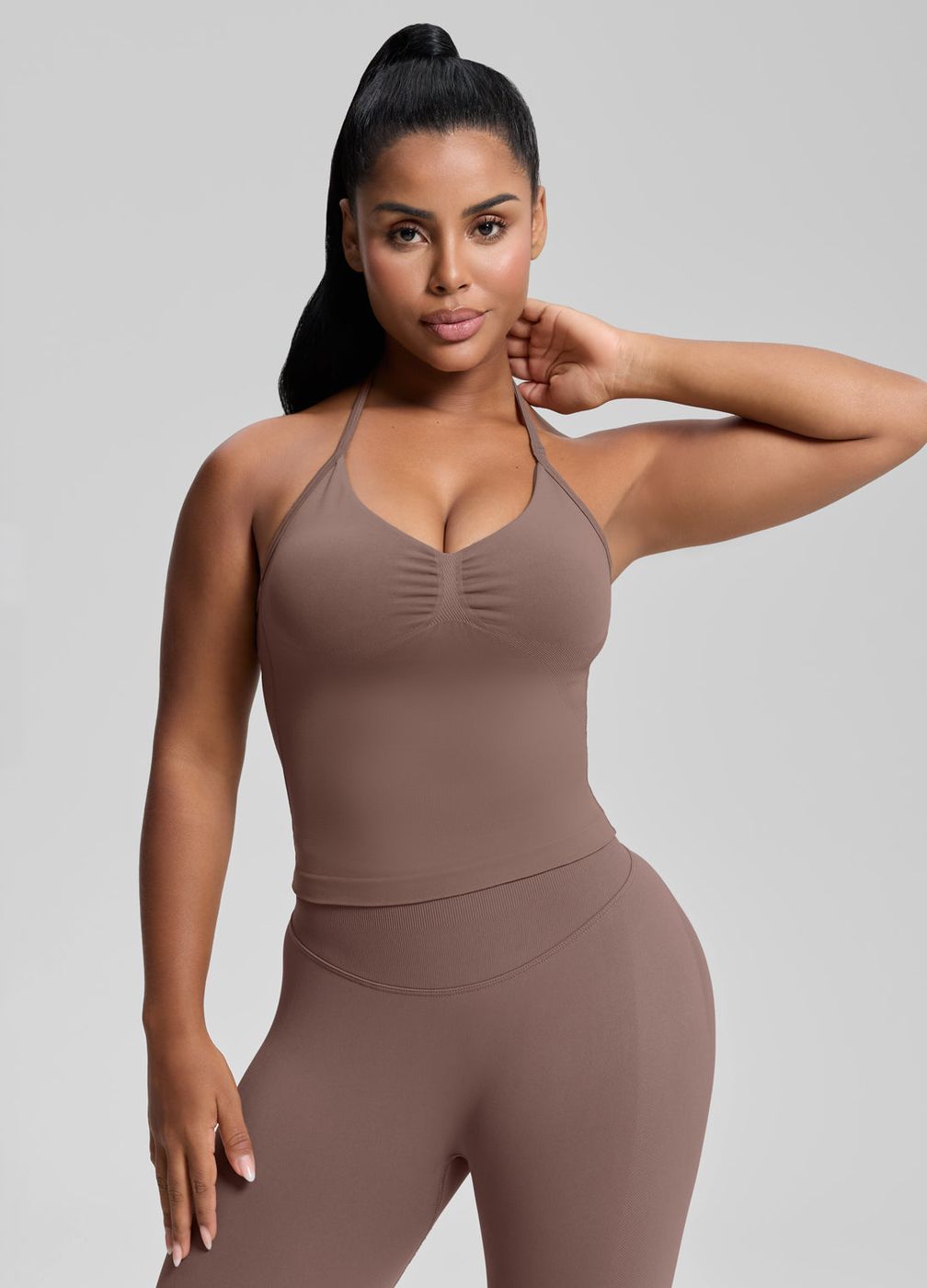 Longline Halterneck Twill Knit Tank Top in Dusty Taupe, front view