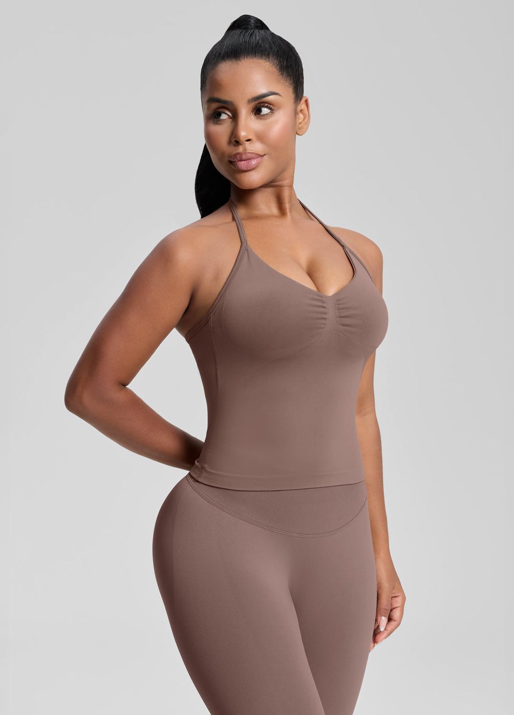 Longline Halterneck Twill Knit Tank Top in Dusty Taupe, second view