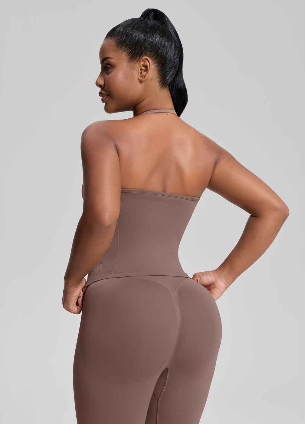 Longline Halterneck Twill Knit Tank Top in Dusty Taupe, detail