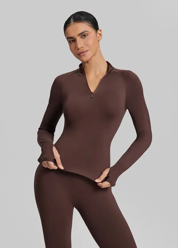 Longline Thumb Hole Twill Knit Half-zip Top in Chocolate, front view