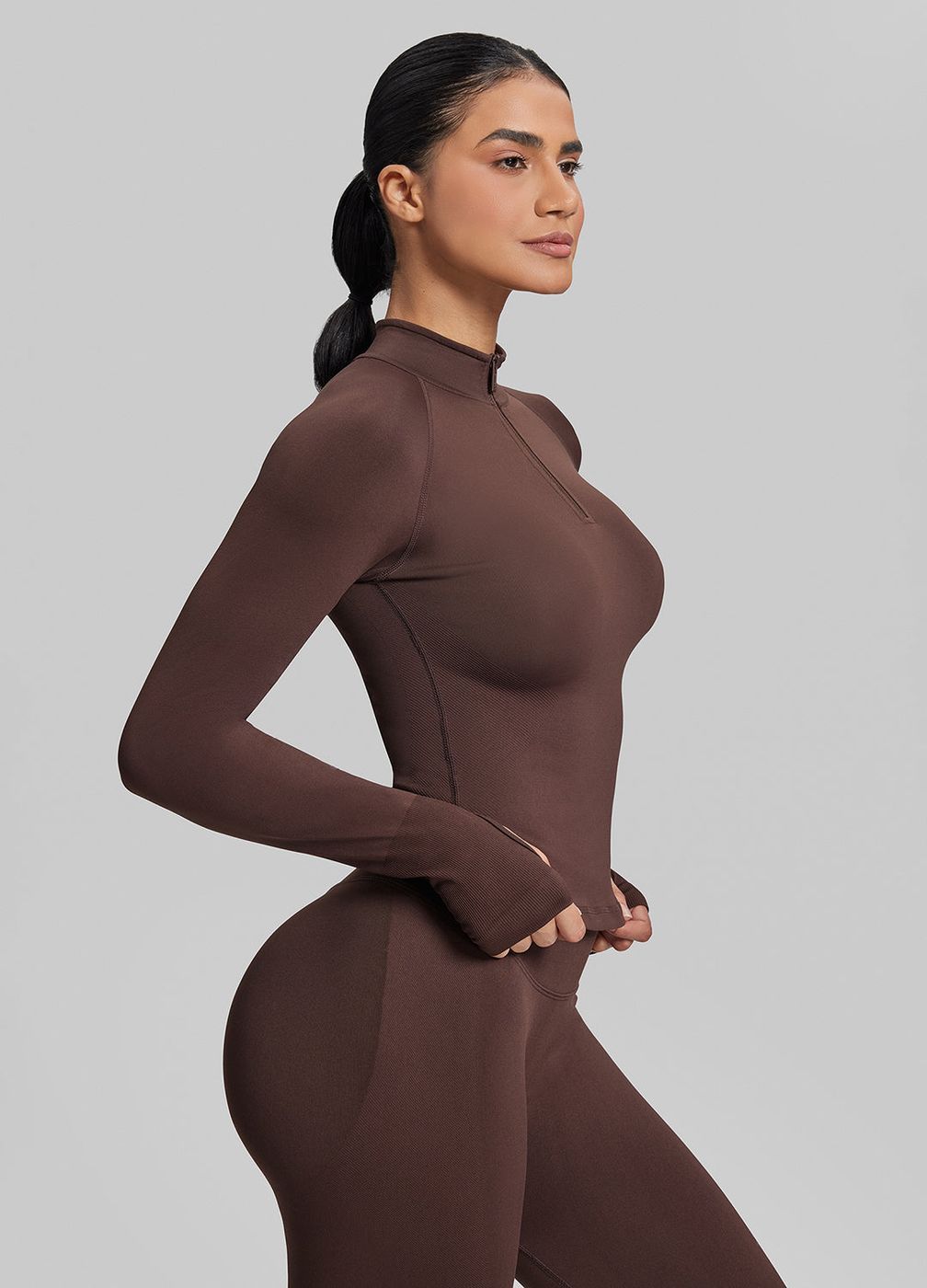 Longline Thumb Hole Twill Knit Half-zip Top in Chocolate, second view