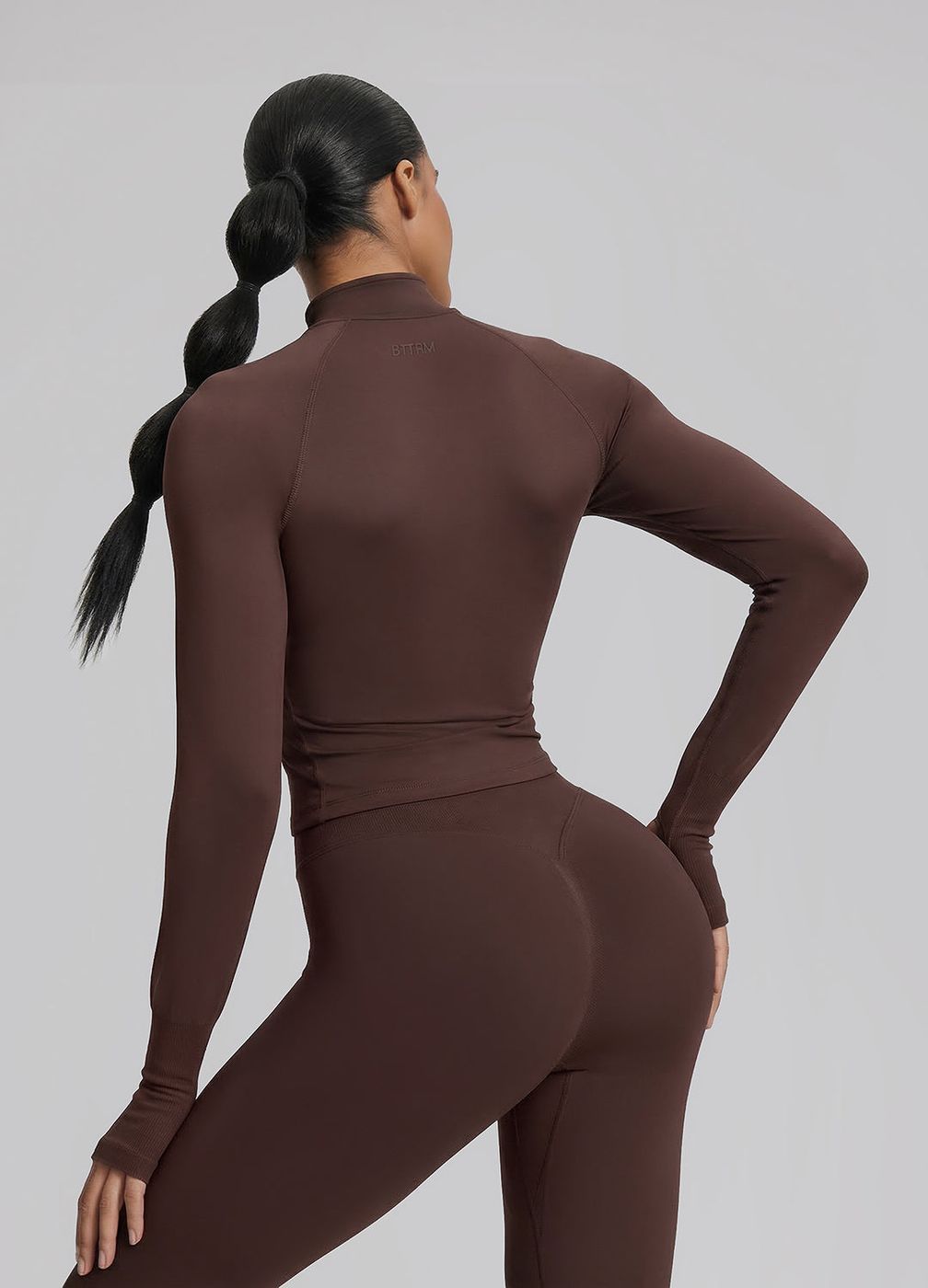 Longline Thumb Hole Twill Knit Half-zip Top in Chocolate, detail
