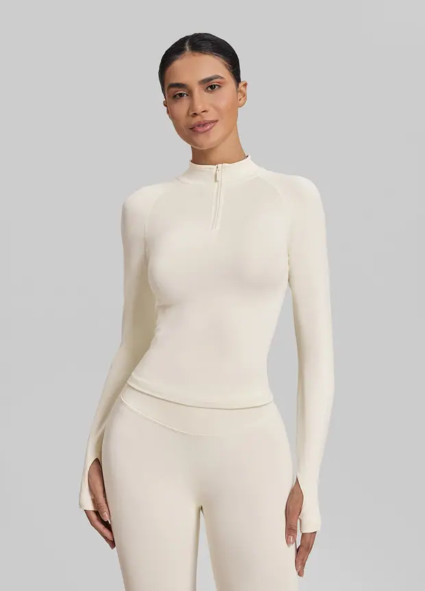Longline Thumb Hole Twill Knit Half-zip Top in Ivory, front view