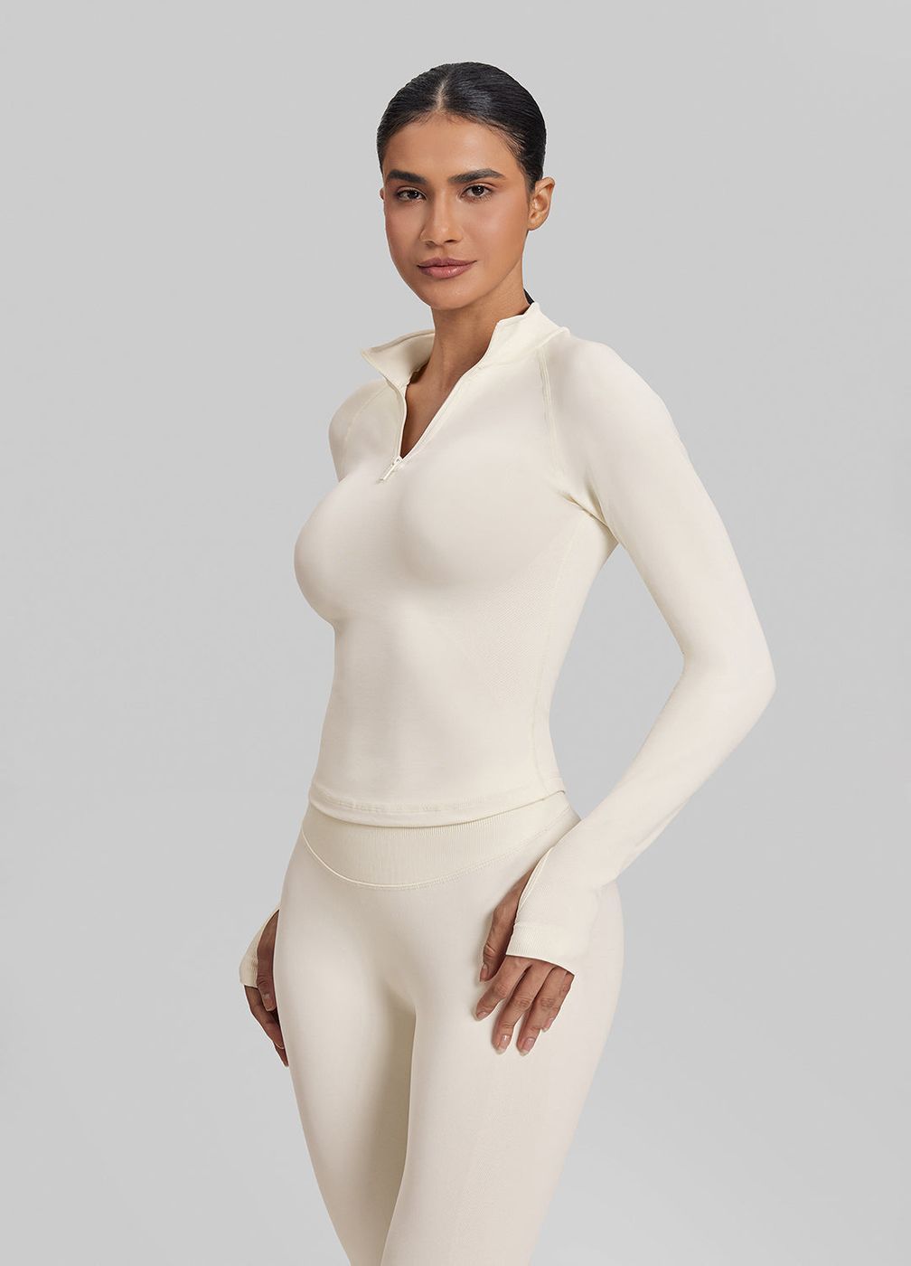 Longline Thumb Hole Twill Knit Half-zip Top in Ivory, second view