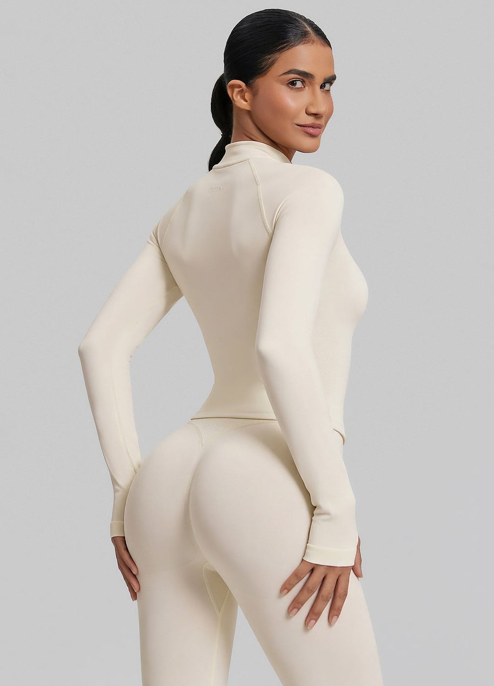 Longline Thumb Hole Twill Knit Half-zip Top in Ivory, detail