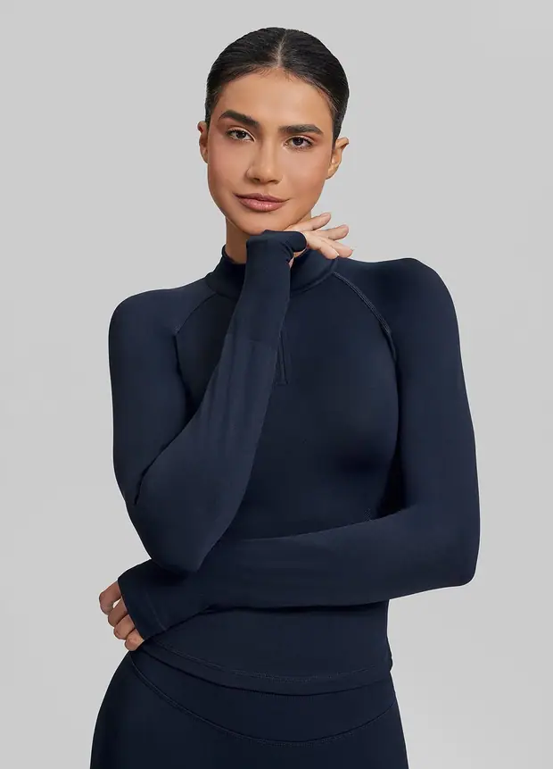 Longline Thumb Hole Twill Knit Half-zip Top in Midnight Navy, front view