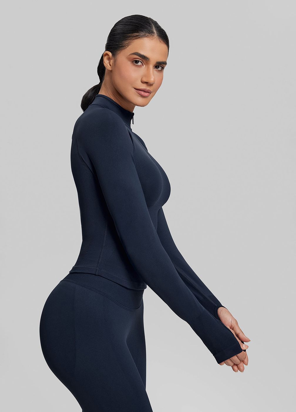 Longline Thumb Hole Twill Knit Half-zip Top in Midnight Navy, second view