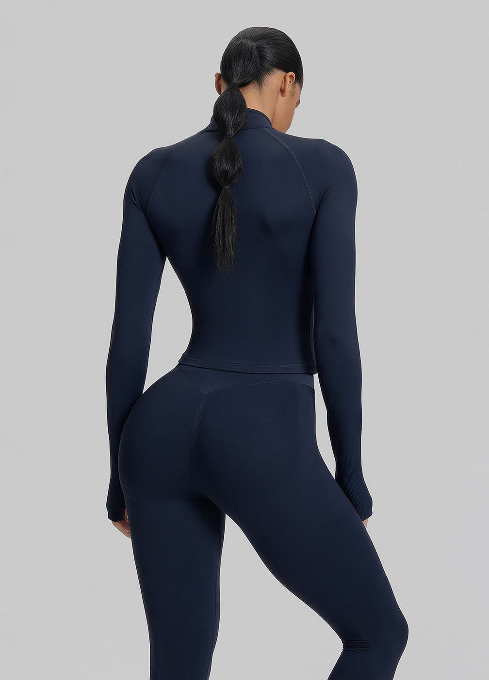 Longline Thumb Hole Twill Knit Half-zip Top in Midnight Navy, detail