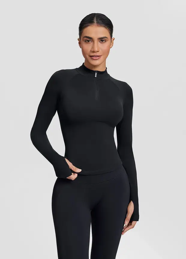 Longline Thumb Hole Twill Knit Half-zip Top in Black, front view