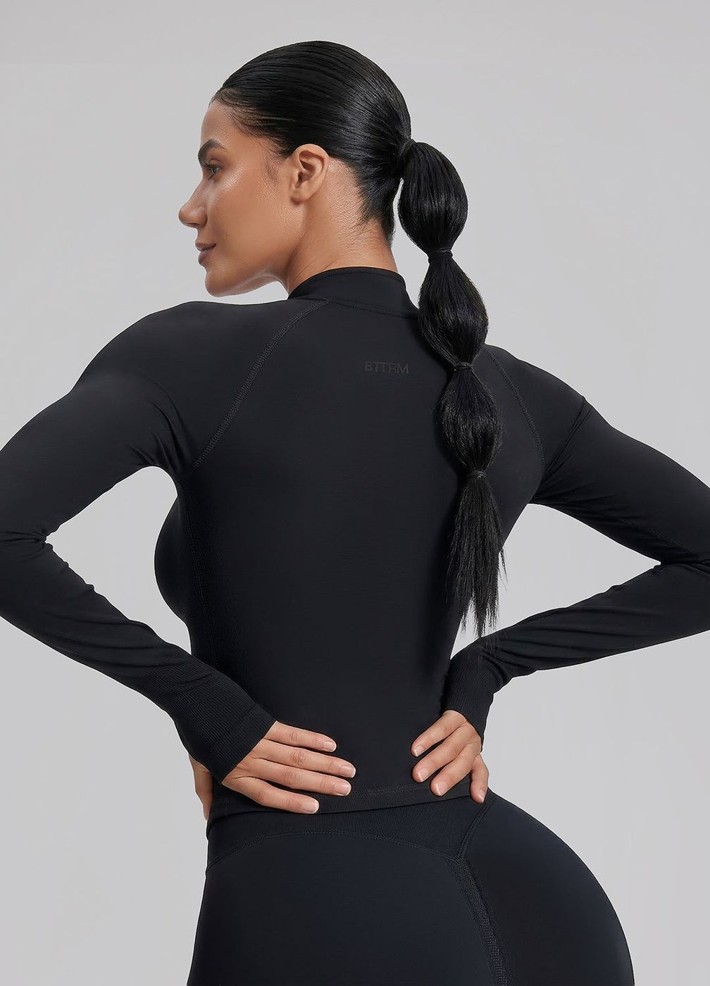 Longline Thumb Hole Twill Knit Half-zip Top in Black, second view