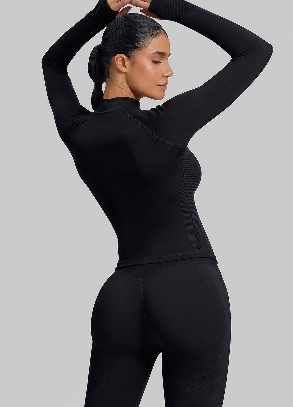 Longline Thumb Hole Twill Knit Half-zip Top in Black, detail