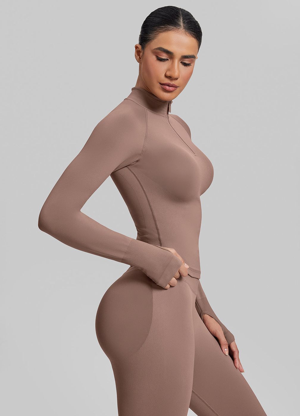 Longline Thumb Hole Twill Knit Half-zip Top in Dusty Taupe, second view