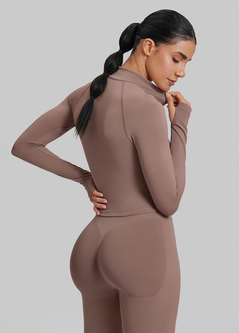 Longline Thumb Hole Twill Knit Half-zip Top in Dusty Taupe, detail