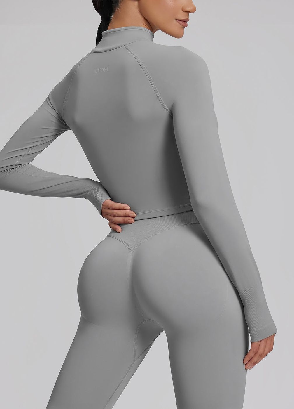 Longline Thumb Hole Twill Knit Half-zip Top in Ash Grey, second view