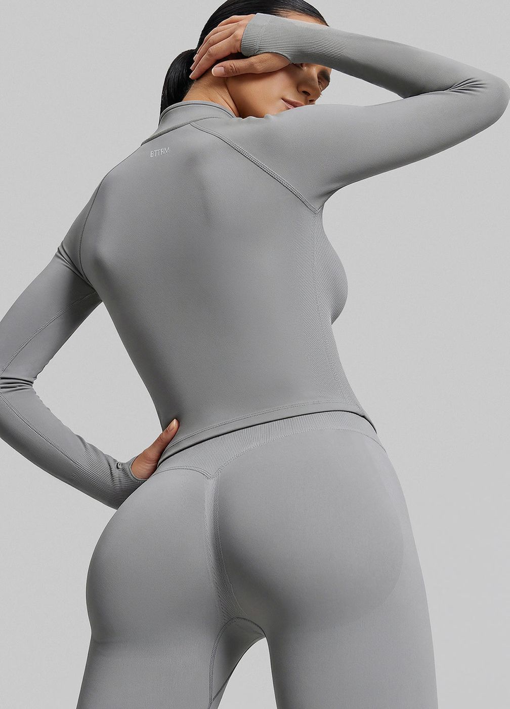 Longline Thumb Hole Twill Knit Half-zip Top in Ash Grey, detail