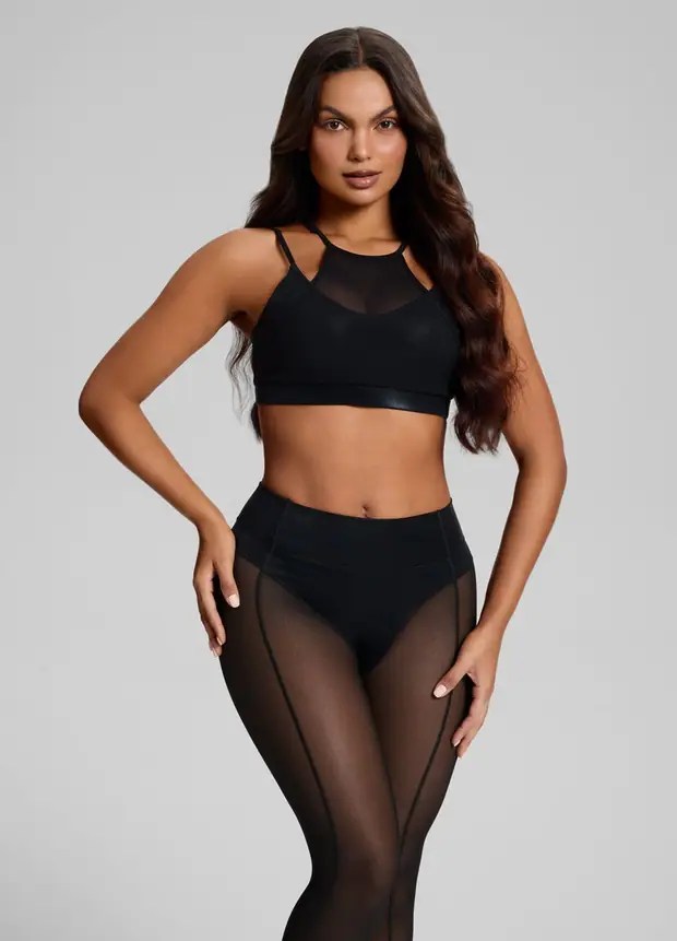 Mesh Panel High-neck Top in Black, front view