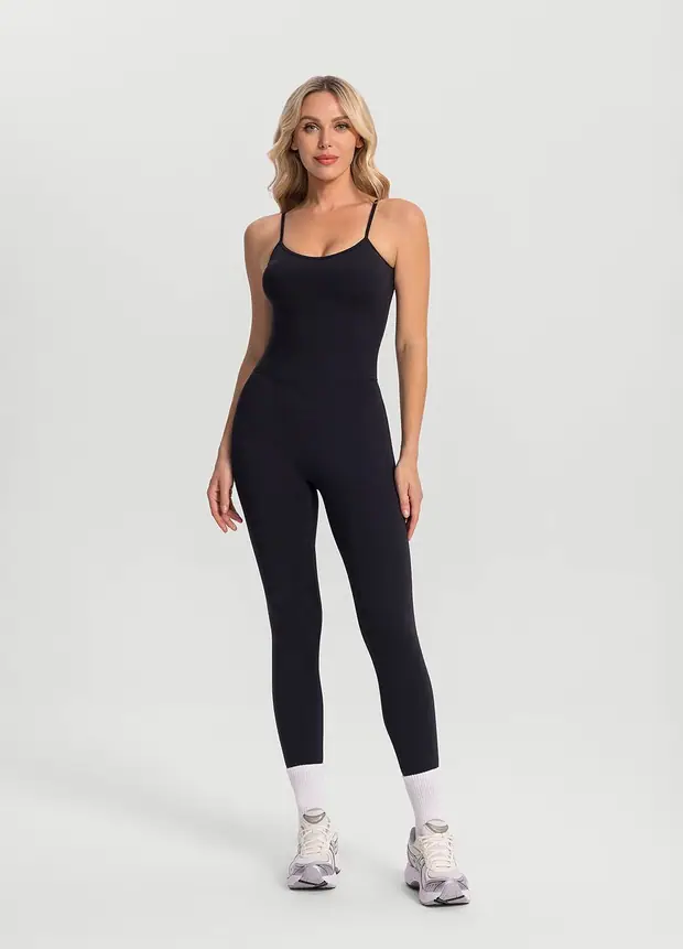 Minimal Stitch Onesie in Black, front view