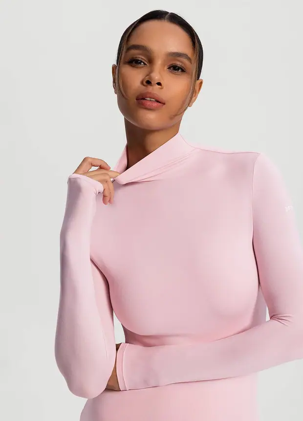 Mock Neck Long Sleeve Top in Ballet Pink, front view
