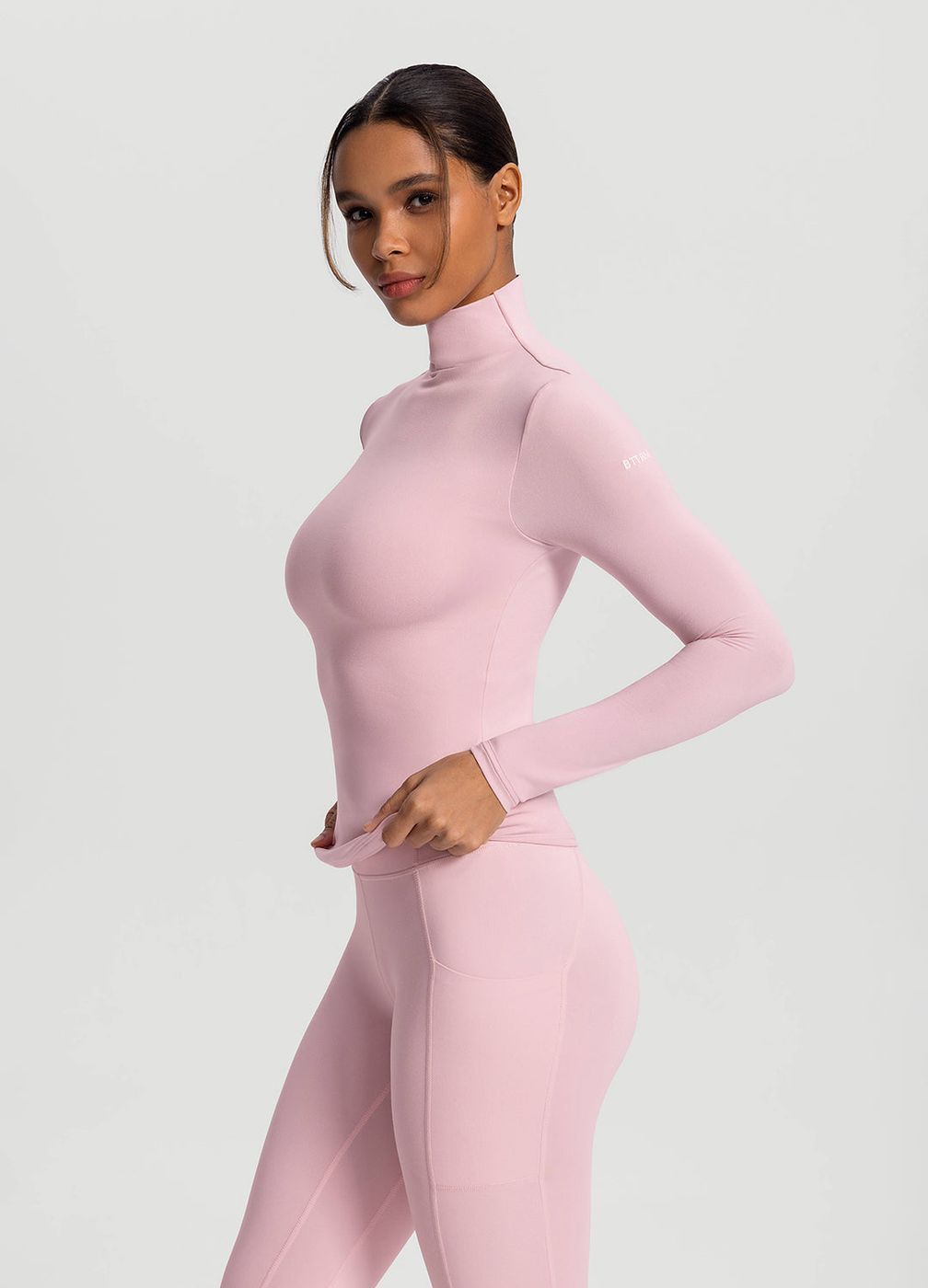 Mock Neck Long Sleeve Top in Ballet Pink, detail