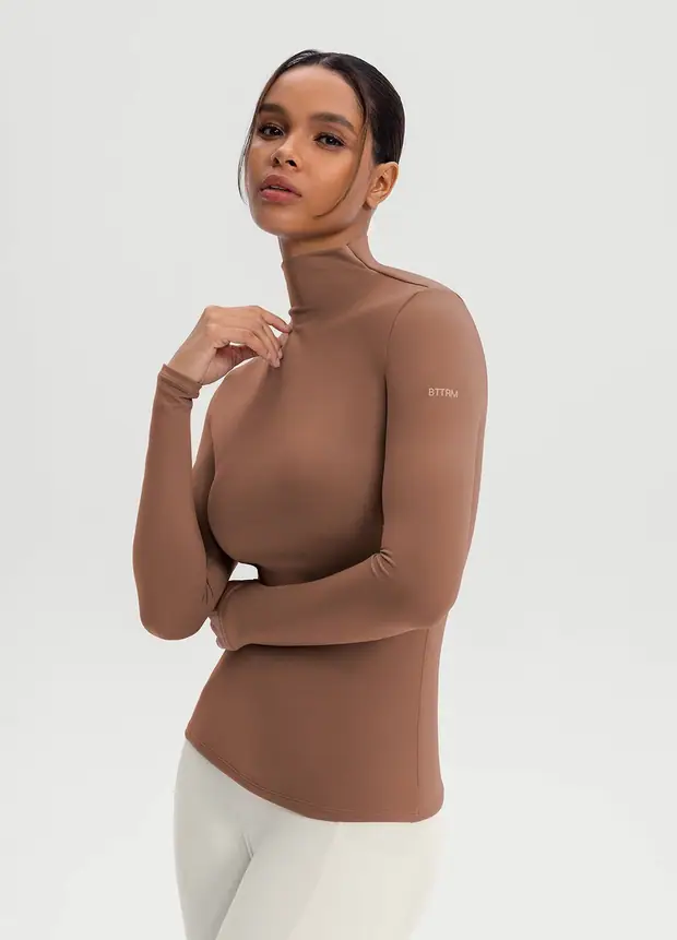 Mock Neck Long Sleeve Top in Mocha, front view