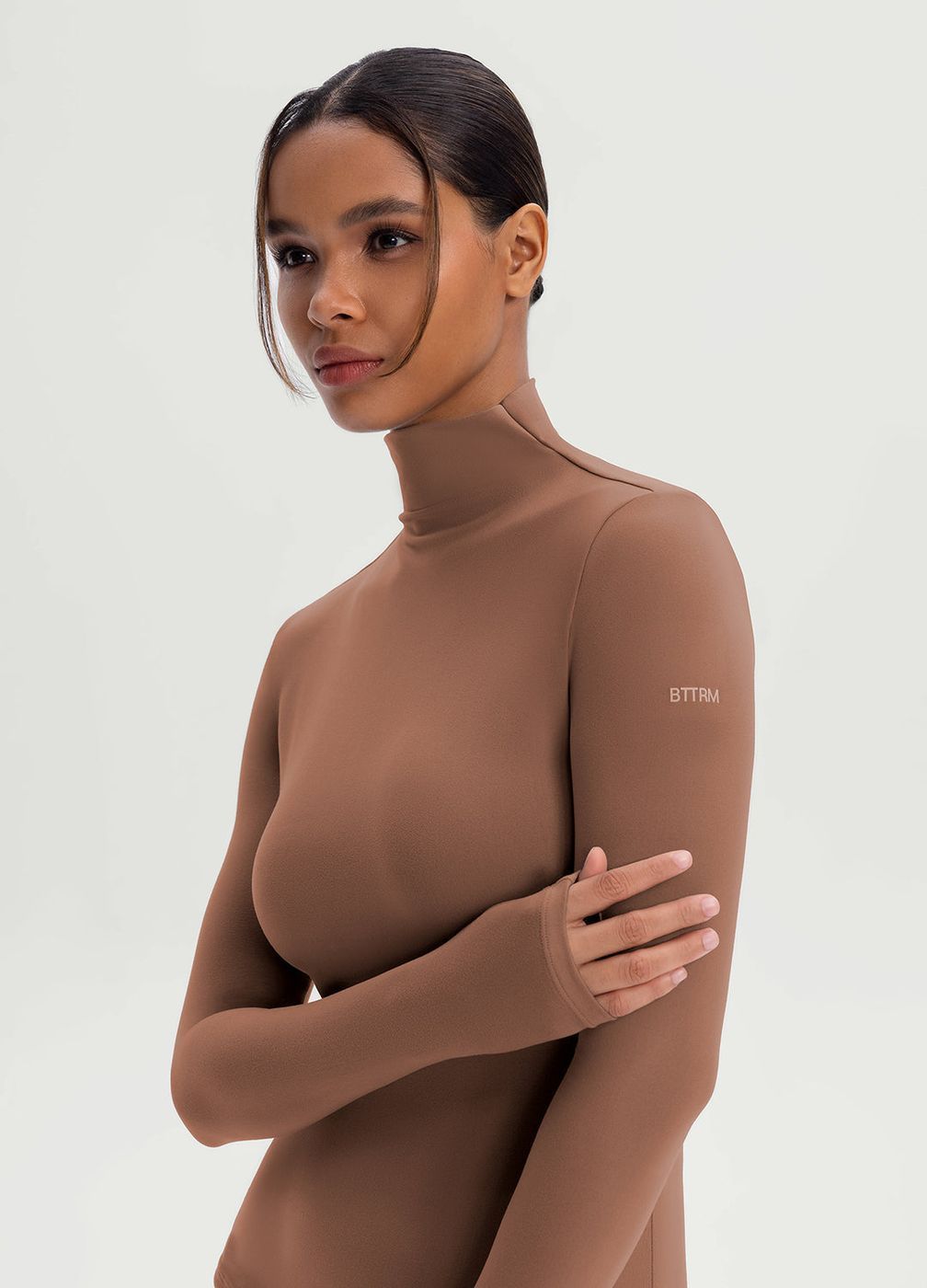 Mock Neck Long Sleeve Top in Mocha, detail