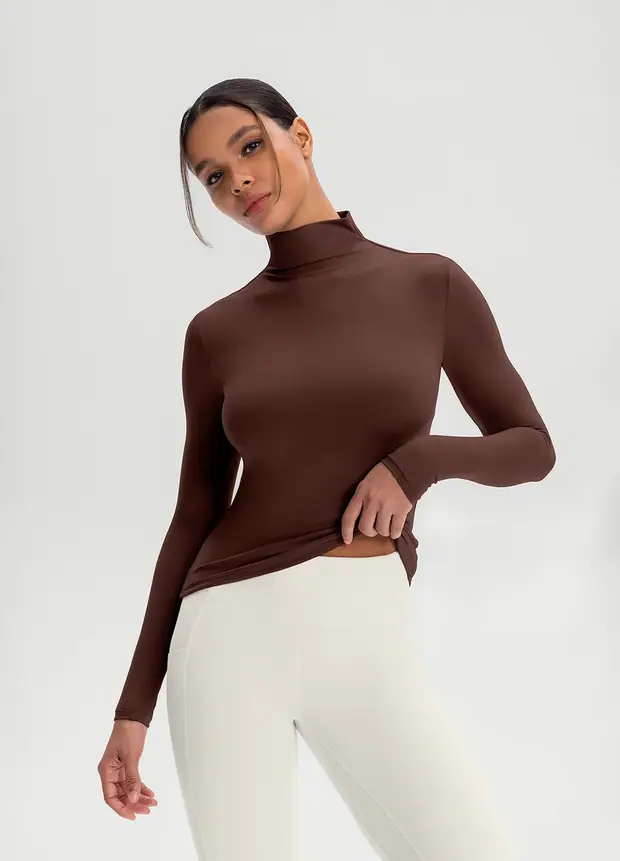 Mock Neck Long Sleeve Top in Chocolate, front view
